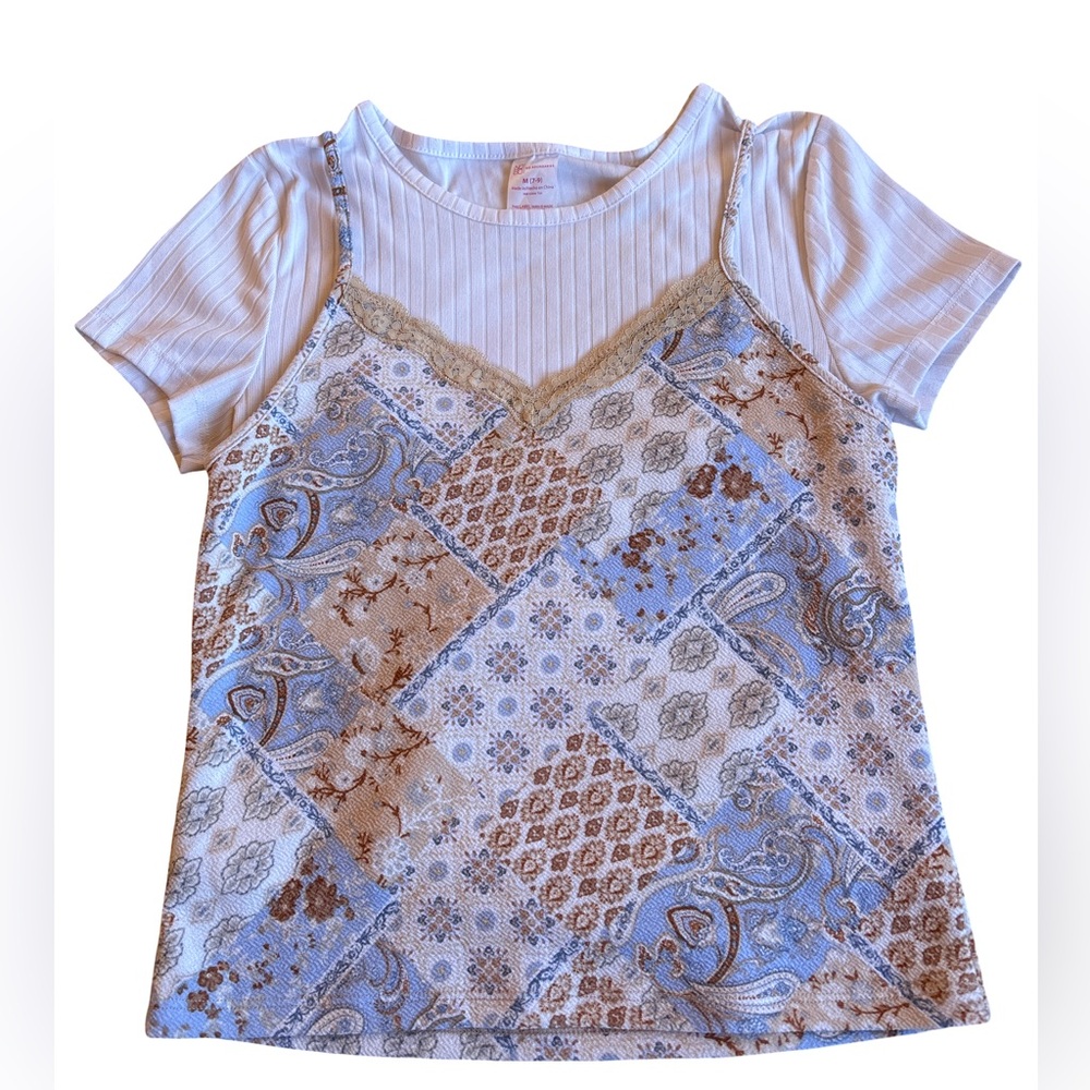 No Boundaries Kids Patchwork Tee - Blue and Brown Medium 7-9 (3 for $12 item)